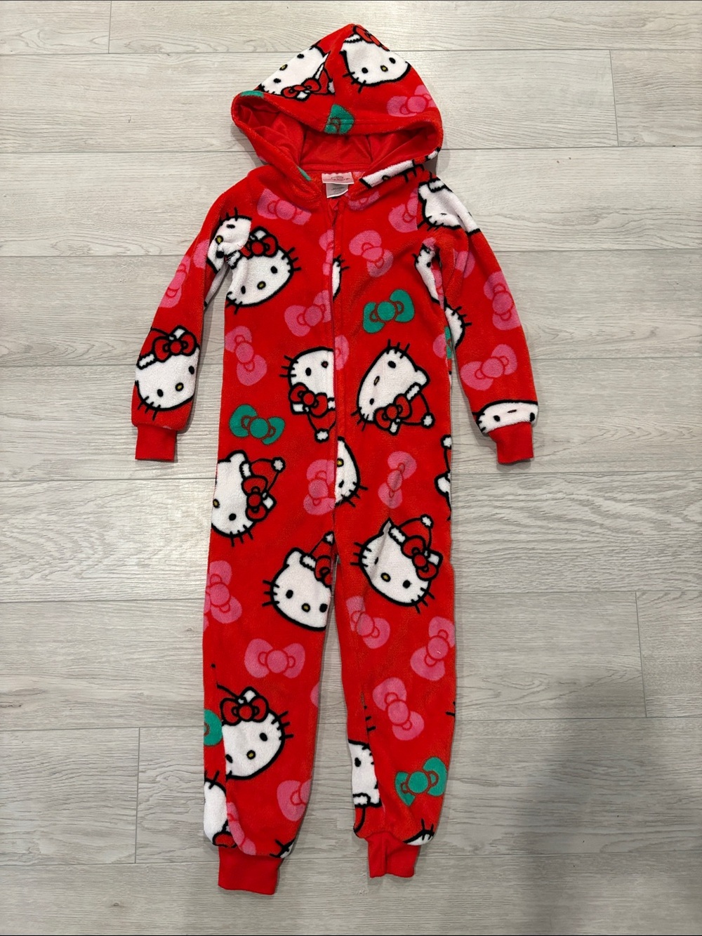 Hello Kitty Red Hooded Fleece Kids One-Piece Pajamas with White and Pink Accents
